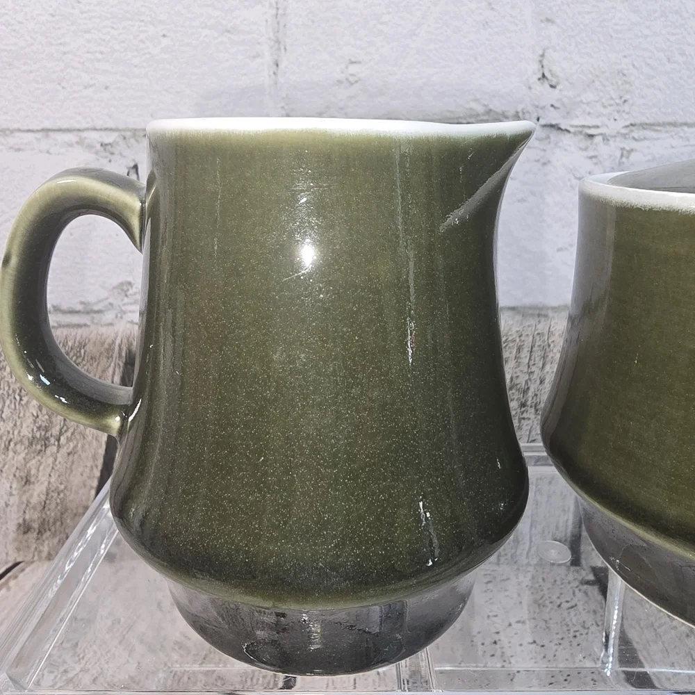 VINTAGE MID CENTURY MODERN CREAM AND SUGAR BOWL DARK JADE GREEN FROM JAPAN EUC
